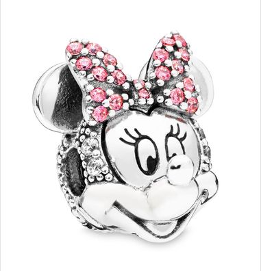 Disney Minnie Maus mit rosafarbener Pavé-Schleife Clip-Charm Sterling-Silber