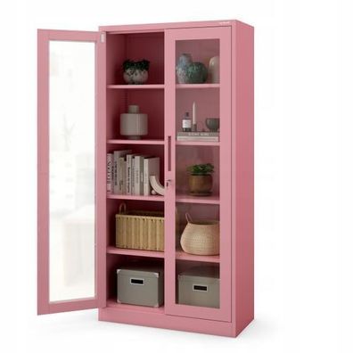 Aktenschrank Büroschrank Glasvitrine 4 Fachböden Stahl 185 x 90 x 40 cm Rosa