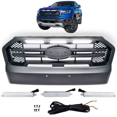 Kühlergrill mit LED Schwarz mit Doppelsteg passt für Ford Ranger T7 16-19