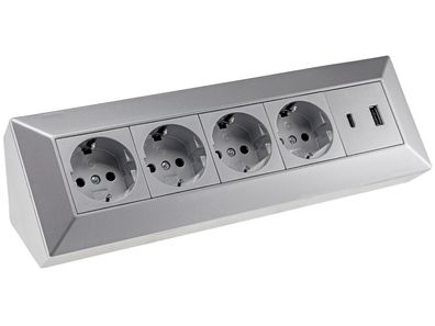 4-fach Steckdosenblock, USB-A+C, silber 250V / 16A, Aufbaumontage, USB 3,1A, PD