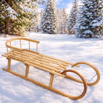 Best For Home Holzschlitten mit Rückenlehne , Kinderschlitten mit Zugseil & Kufen