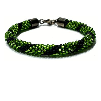 Häkelarmband Grün schwarz Glasperlen 925/- Verschluß geschwärzt 19cm