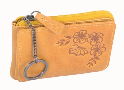 Kompakte RFID-Schlüsseltasche aus Leder – Gelb, 4 Kartenfächer, Blumenmuster