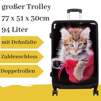 großer Hartschalentrolley mit Katze schwarz, 94 Liter