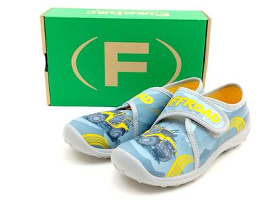 Fischer Jungen Klett-Hausschuh asphaltgrau mit gelben Jeep