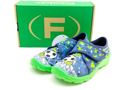 Fischer Jungen Klett-Hausschuh blau-grün mit Fußball