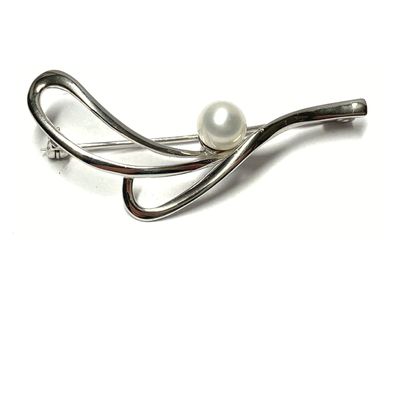 Brosche 925 Silber rhodiniert Süßwasserperle 7,5mm einfarbig Glanz Anstecknadel