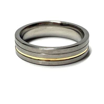 Ring Edelstahl + 585 Gold Gelbgold Inlay Bandring Herrenring 6mm #66