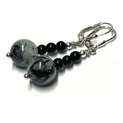 Ohrring Silber 925 Turmalinquarz 10,5mm + Onyx Ohrhänger Trendschmuck Brisur Quarz