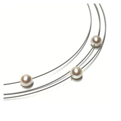 Kette 3reihig Halsreif Edelstahl Perlen Akoya 8mm Collier 45 cm