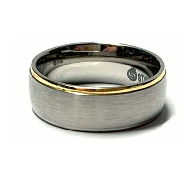 Ring Edelstahl + 585 Gold Gelbgold Inlay Bandring 8mm breit Herrenring #63