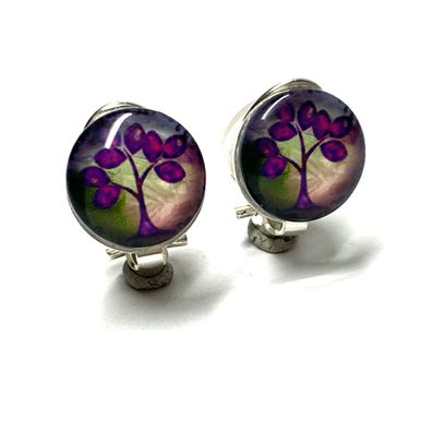 Ohrclips 925/- Silber Glas Cabochon Lebensbaum lila 12mm