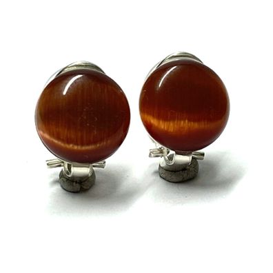 Ohrclips 925/- Silber Glas Cabochon Katzenaugen Effekt hellbraun / orange 12mm