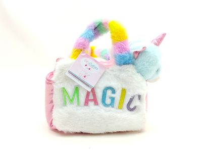 Weiß/bunte Plüschtasche „Magic“ mit hellblauem Plüsch-Einhorn