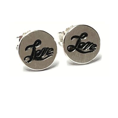 Ohrstecker 925 Silber matt Schrift Love geschwärzt rund 9mm