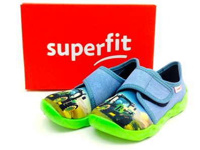 superfit Jungen Klett-Hausschuh blau-grün, Traktor