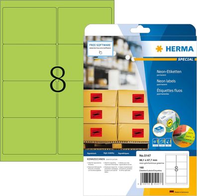HERMA 5147 Farbige Etiketten neon grün, 20 Blatt, 99,1 x 67,7 mm, 8 pro A4 Bogen, 160