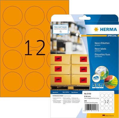 HERMA 5153 Farbige Etiketten rund neon orange, 20 Blatt, Ø 60 mm, 12 pro A4 Bogen, 24