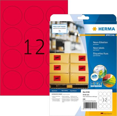 HERMA 5156 Farbige Etiketten rund neon rot, 20 Blatt, Ø 60 mm, 12 pro A4 Bogen, 240 S
