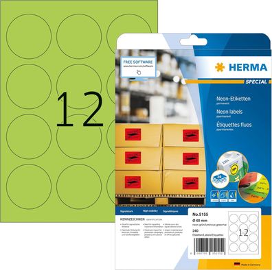 HERMA 5155 Farbige Etiketten rund neon grün, 20 Blatt, Ø 60 mm, 12 pro A4 Bogen, 240