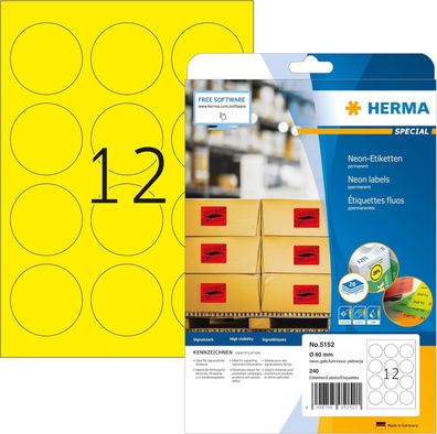 HERMA 5152 Farbige Etiketten rund neon gelb, 20 Blatt, Ø 60 mm, 12 pro A4 Bogen, 240