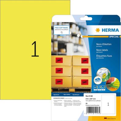 HERMA 5148 Farbige Etiketten neon gelb, 20 Blatt, 210 x 297 mm, 1 pro A4 Bogen, 20 St