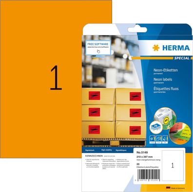HERMA 5149 Farbige Etiketten neon orange, 20 Blatt, 210 x 297 mm, 1 pro A4 Bogen, 20