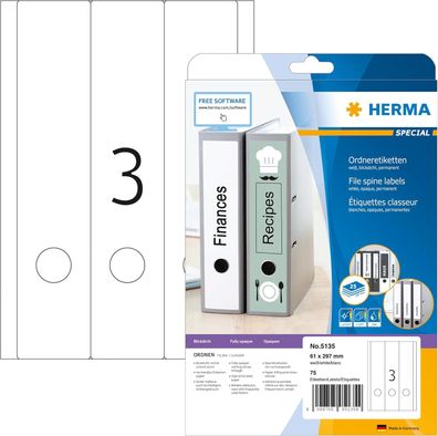 HERMA 5135 Ordnerrücken Etiketten lang breit, 25 Blatt, 61 x 297 mm, 3 pro A4 Bogen,
