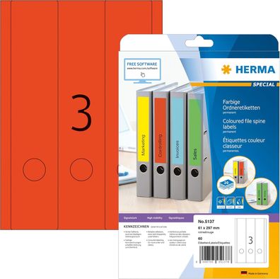 HERMA 5137 Ordnerrücken Etiketten lang breit, 20 Blatt, 61 x 297 mm, 3 pro A4 Bogen,