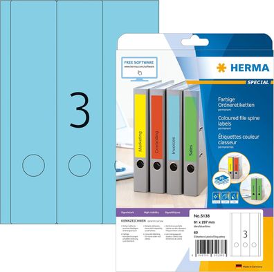 HERMA 5138 Ordnerrücken Etiketten lang breit, 20 Blatt, 61 x 297 mm, 3 pro A4 Bogen,