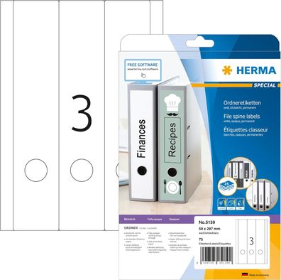 HERMA 5159 Ordnerrücken Etiketten lang breit, 25 Blatt, 59 x 297 mm, 3 pro A4 Bogen,
