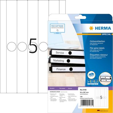 HERMA 5165 Hängeordner-Etiketten lang schmal, 25 Blatt, 34 x 297 mm, 5 pro A4 Bogen,