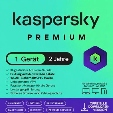 Kaspersky Premium Security 2026 - 1 PC / 2 Jahre - Windows/Mac/Android/iOS - per Mail
