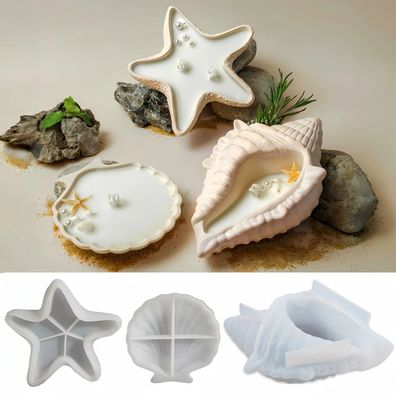 3 Stück Seestern Muschel Schnecke Tablett Silikonform, Ozean Stil Gipsform, Harz Sili
