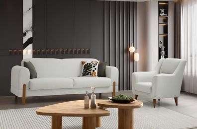 Weiße Wohnzimmer Couchgarnitur Polster 3-Sitzer Textilsessel 2tlg