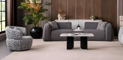 Graue Wohnzimmer Textilgarnitur Stilvoller Polster 3-Sitzer Sessel