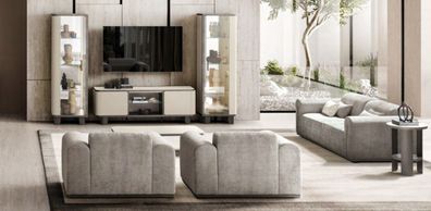 Designer Couchgarnitur Moderner 3-Sitzer Holz TV-Ständer 2x Vitrinen