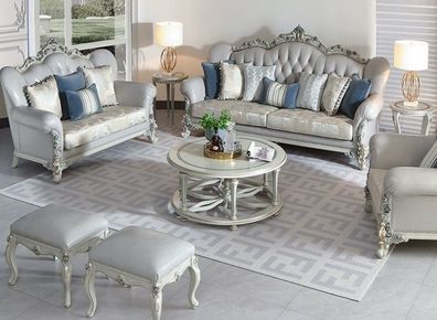 Graue Sofagarnitur Designer 3-Sitzer Couchtisch 2x Hocker Edle Möbel