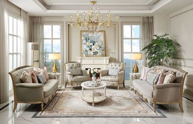 Exklusive Wohnzimmer Garnitur Dreisitzer 2-Sitzer 2x Sessel Tisch