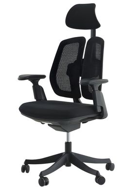 Schwarzer Bürostuhl mit verstellbarer Kopfstütze und Netzrückenlehne