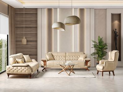 Stilvolle Chesterfield Sitzgarnitur Beiger Dreisitzer Luxus Sessel