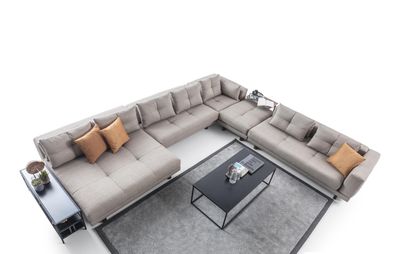 Exklusive Wohnzimmer Beige Couchgarnitur Textilsofa Holz Couchtisch