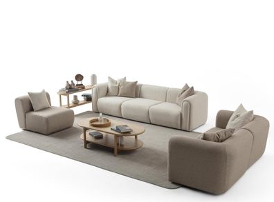 Beiges Sofaset Wohnzimmer Designer Couchen Stilvoller Sessel -3tlg