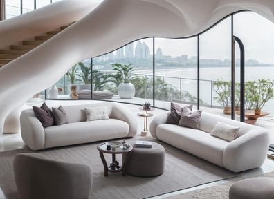 Modernes Wohnzimmer Set 2x Luxus Polstercouchen Hocker Sessel