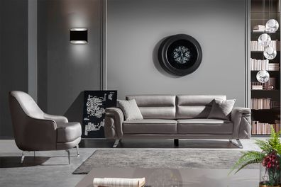 Elegante Wohnzimmer Silber Sitzmöbel Polster 3-Sitzer Sessel 2tlg