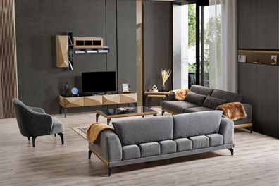 Designer Wohnzimmer Garnitur Polstercouch Textilsessel Holztisch