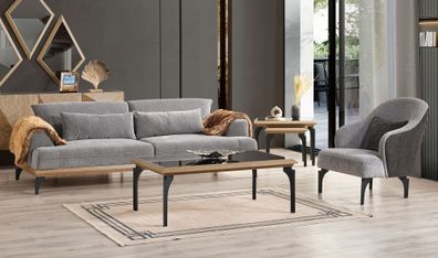 Graue Wohnzimmer Garnitur 3-Sitzer Sofa Polstersessel Couchtische