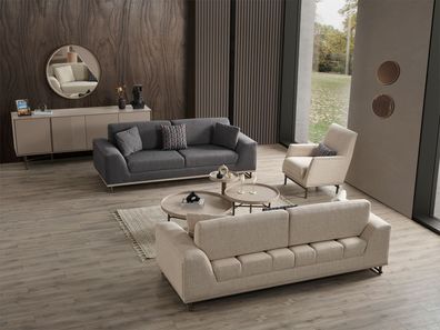 Elegante Beige Wohnzimmer Couchgarnitur Holz Konsole Couchtische