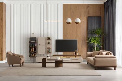 Große Wohnzimmergarnitur Beiger 3-Sitzer TV-Board Schränke Sessel