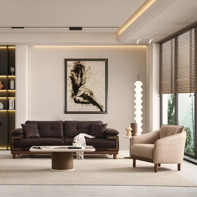 Braune Wohnzimmer Garnitur Polster 3-Sitzer Sessel Beistelltisch